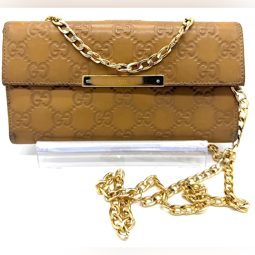 Gucci Guccissima Leather Flap Continental Long Wallet Bifold GG Tan Gold Logo - Picture 15 of 15